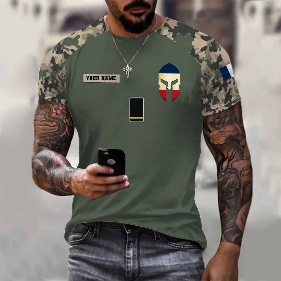 T-shirt personnalisé avec camouflage soldat/vétéran de la France avec nom et grade imprimé en 3D - 0310230005