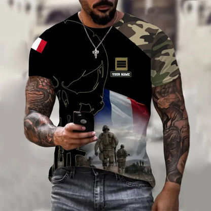 Personalisiertes T-Shirt mit französischem Soldaten-/Veteranen-Tarnmuster mit Namen und Rang, 3D-Druck – 0310230006