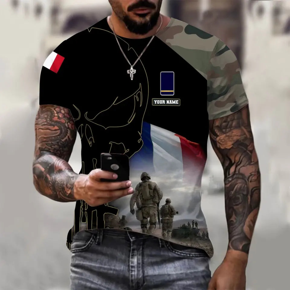 Personalisiertes T-Shirt mit französischem Soldaten-/Veteranen-Tarnmuster mit Namen und Rang, 3D-Druck – 0310230006