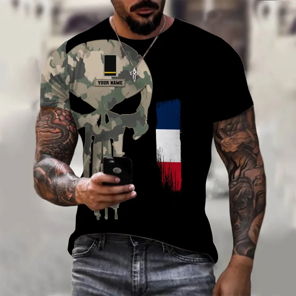 T-shirt personnalisé avec nom et grade de soldat/vétéran de la France imprimé en 3D - 0310230008