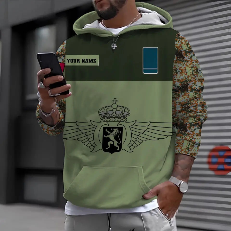 Personalisierter Kapuzenpullover mit 3D-Druck für belgische Soldaten/Veteranen im Camouflage-Muster mit Namen und Rang – 16966368