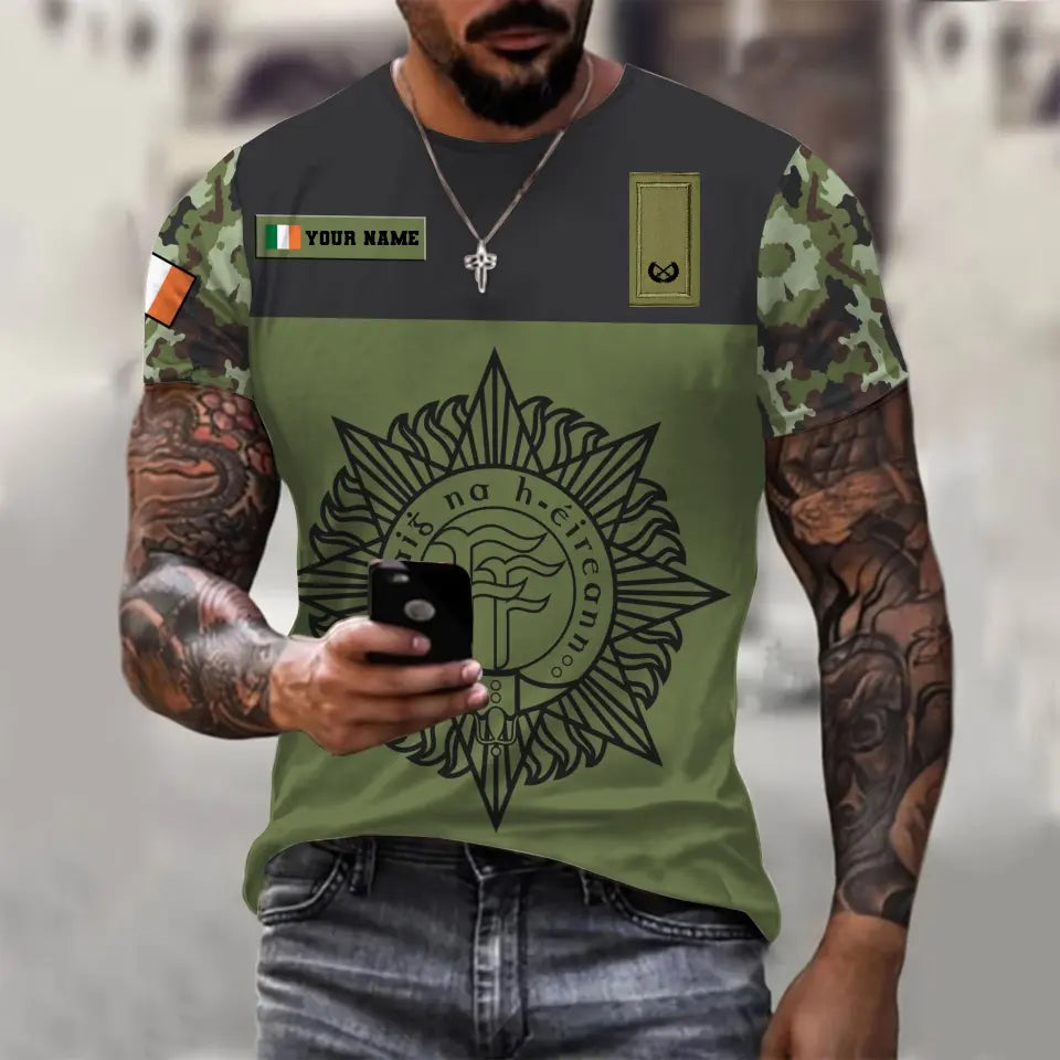 T-shirt personnalisé avec camouflage soldat/vétéran irlandais avec nom et grade imprimé en 3D - 0710230001