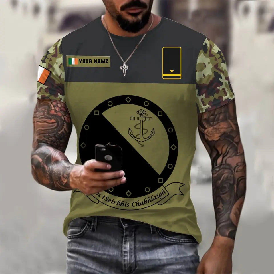 Personalisiertes irisches Soldaten-/Veteranen-T-Shirt mit Camouflage-Muster und Namen und Rang, 3D-Druck – 0710230001