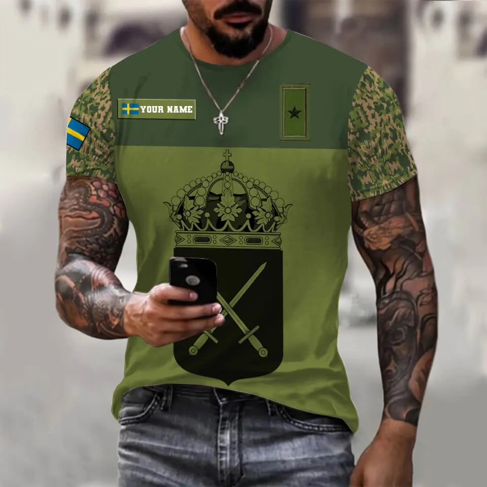 Personalisiertes T-Shirt mit schwedischem Soldaten-/Veteranen-Tarnmuster mit Namen und Rang, 3D-Druck – 0710230001