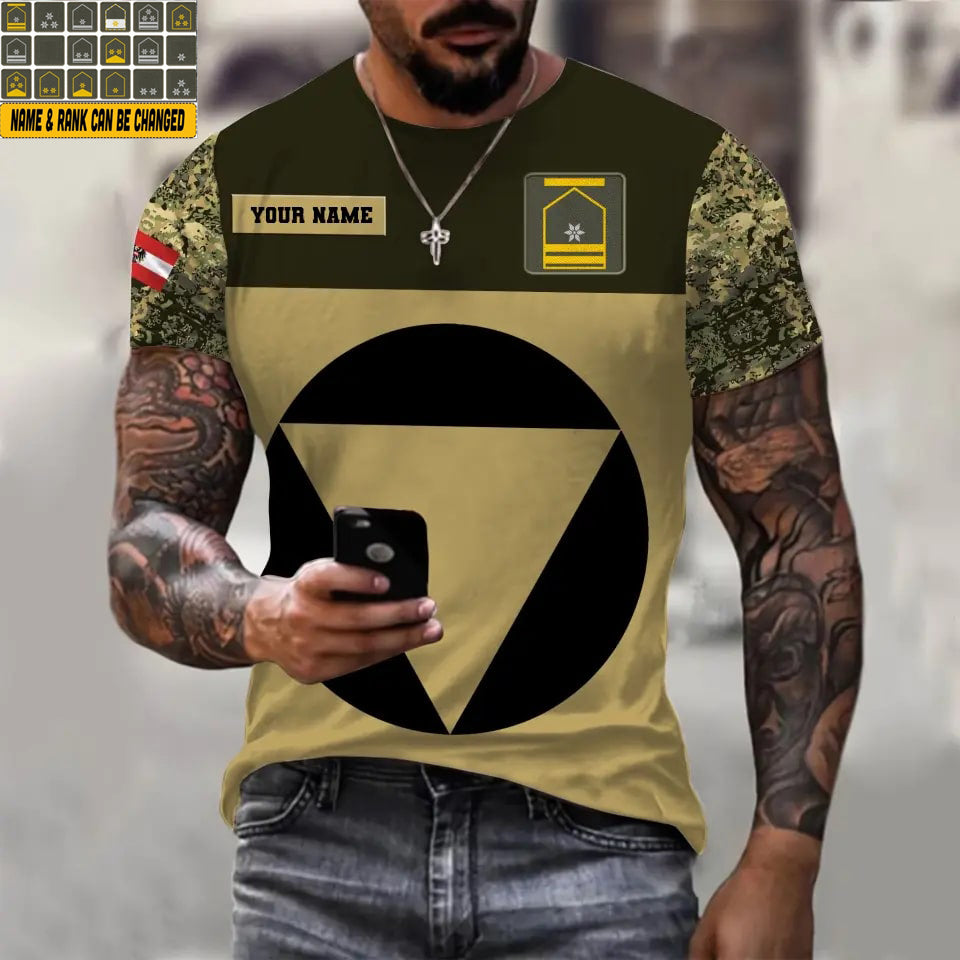 T-shirt personnalisé avec camouflage soldat/vétéran autrichien avec nom et grade imprimé en 3D - 0710230001