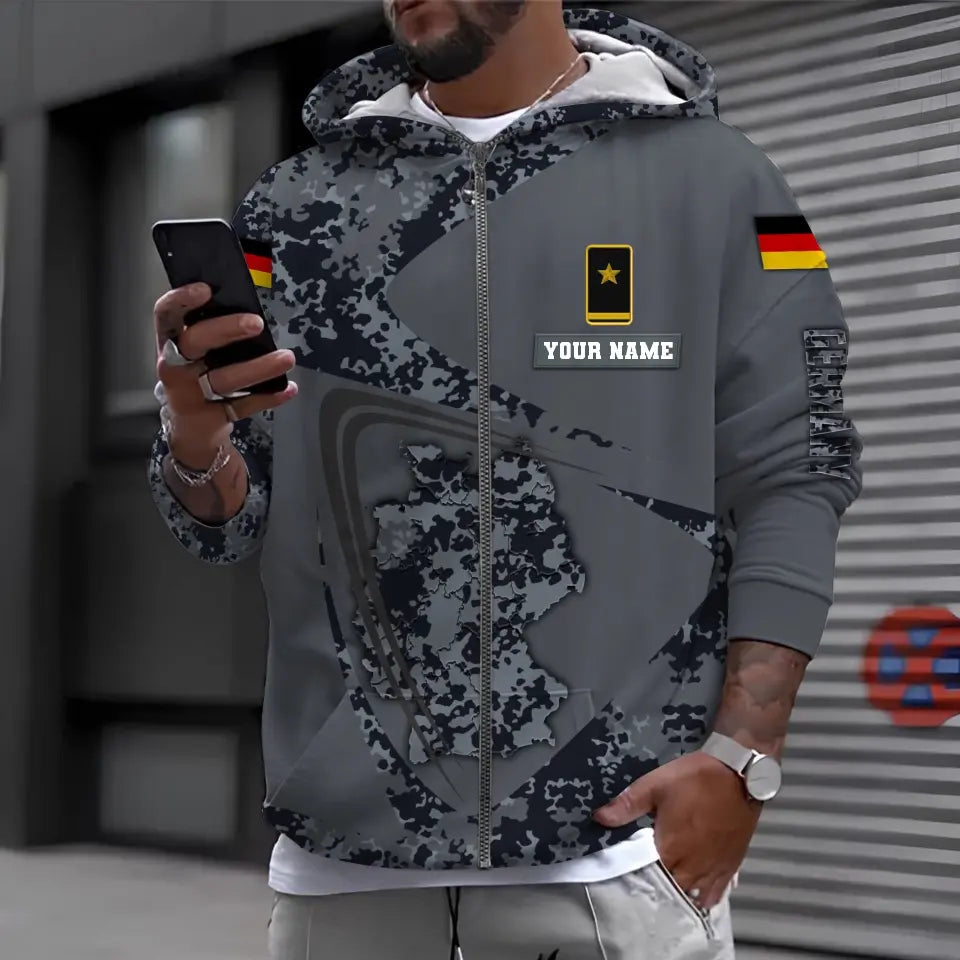 Personalisierter Kapuzenpullover mit Camouflage-Muster für deutsche Soldaten/Veteranen mit Namen und Rang, 3D-Druck – 0610230004