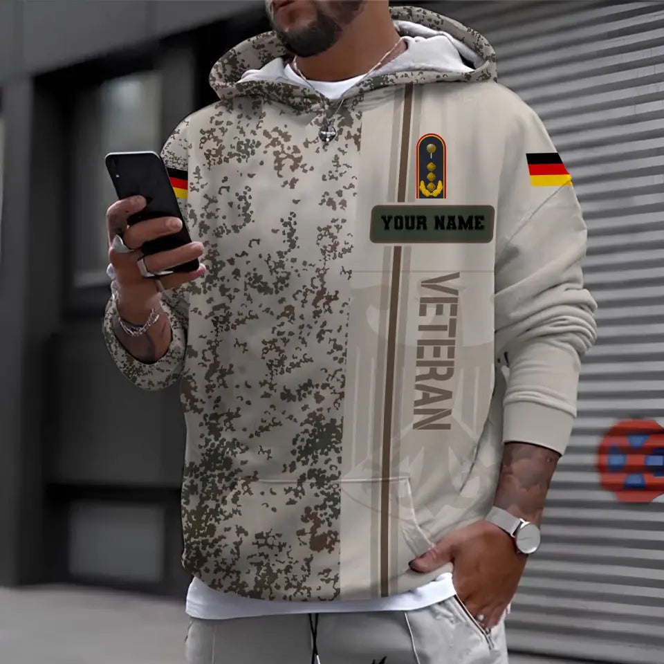 Sweat à capuche personnalisé avec camouflage soldat/vétéran allemand avec nom et grade imprimé en 3D - 0610230005