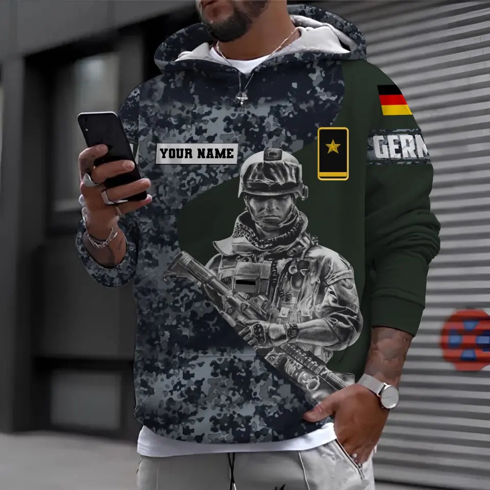 Sweat à capuche personnalisé avec camouflage soldat/vétéran allemand avec nom et grade imprimé en 3D - 0610230011