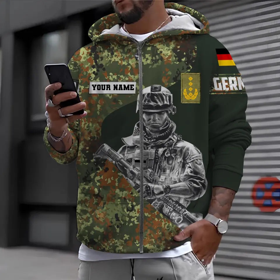 Sweat à capuche personnalisé avec camouflage soldat/vétéran allemand avec nom et grade imprimé en 3D - 0610230011