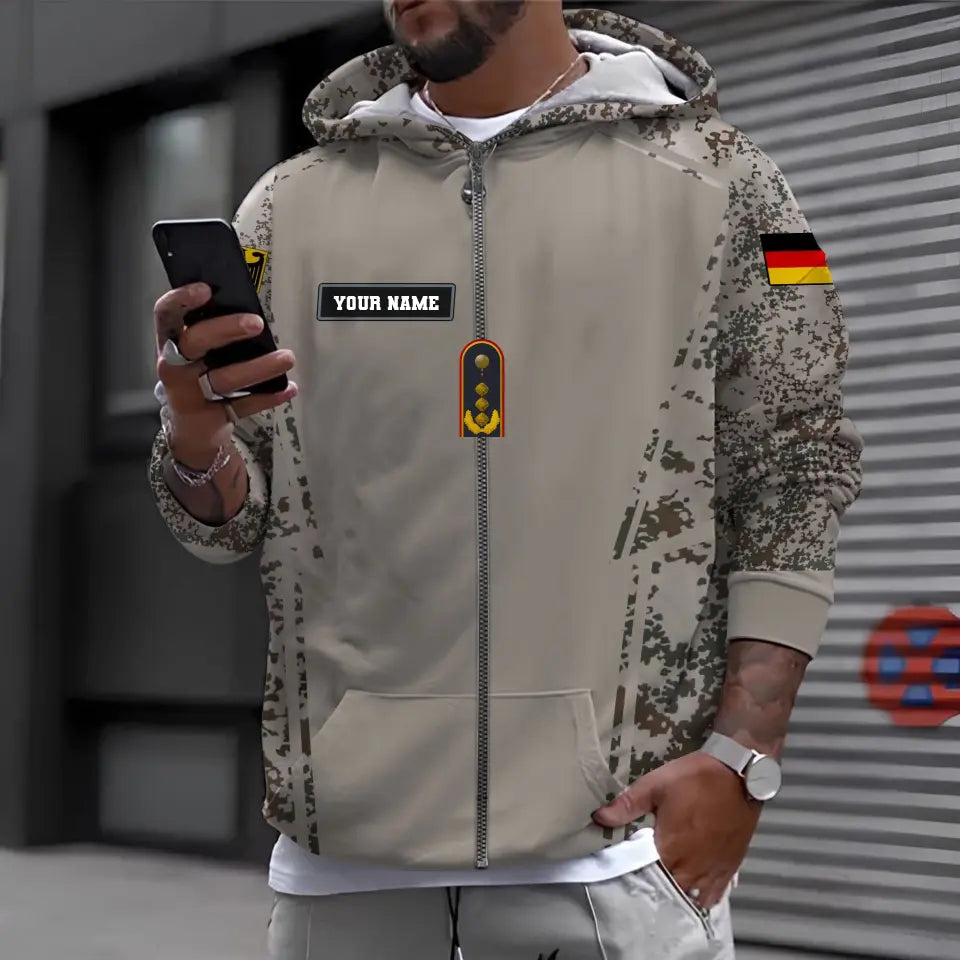 Personalisierter Kapuzenpullover mit Camouflage-Muster für deutsche Soldaten/Veteranen mit Namen und Rang, 3D-Druck – 0610230015