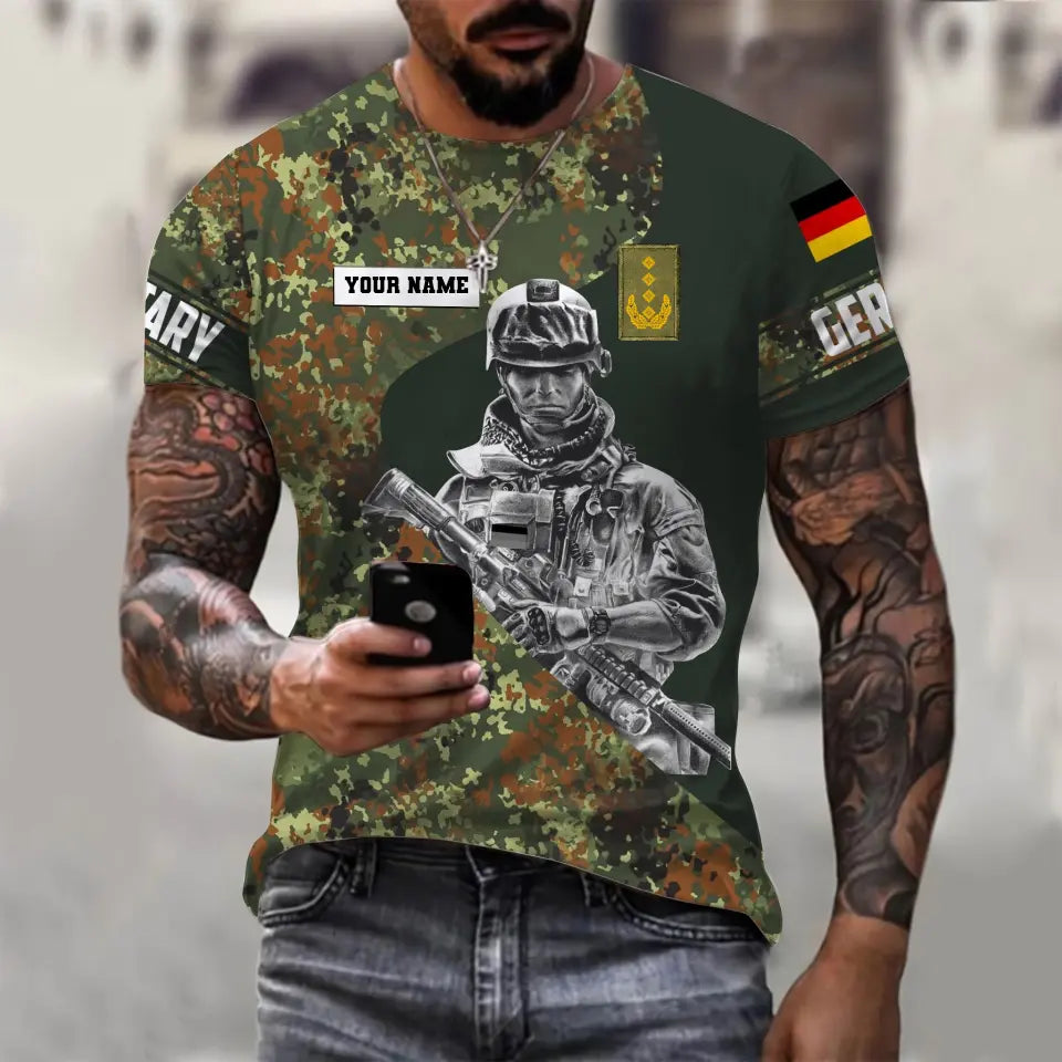 T-shirt personnalisé avec camouflage soldat/vétéran allemand avec nom et grade imprimé en 3D - 0610230011