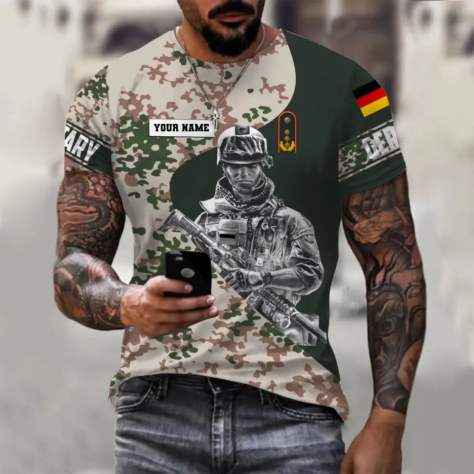 T-shirt personnalisé avec camouflage soldat/vétéran allemand avec nom et grade imprimé en 3D - 0610230011