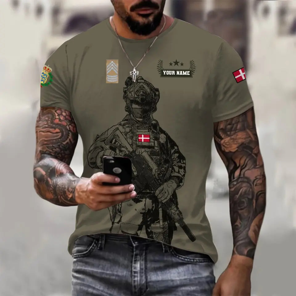 Personalisiertes T-Shirt mit dänischem Soldaten-/Veteranen-Tarnmuster mit Namen und Rang, 3D-Druck – 091023001