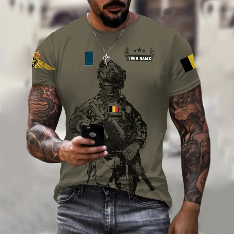 Personalisiertes T-Shirt mit belgischem Soldaten-/Veteranen-Tarnmuster mit Namen und Rang, 3D-Druck – 0910230001