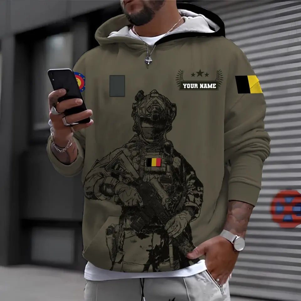 Sweat à capuche personnalisé avec camouflage soldat/vétéran belge avec nom et grade imprimé en 3D - 16968096