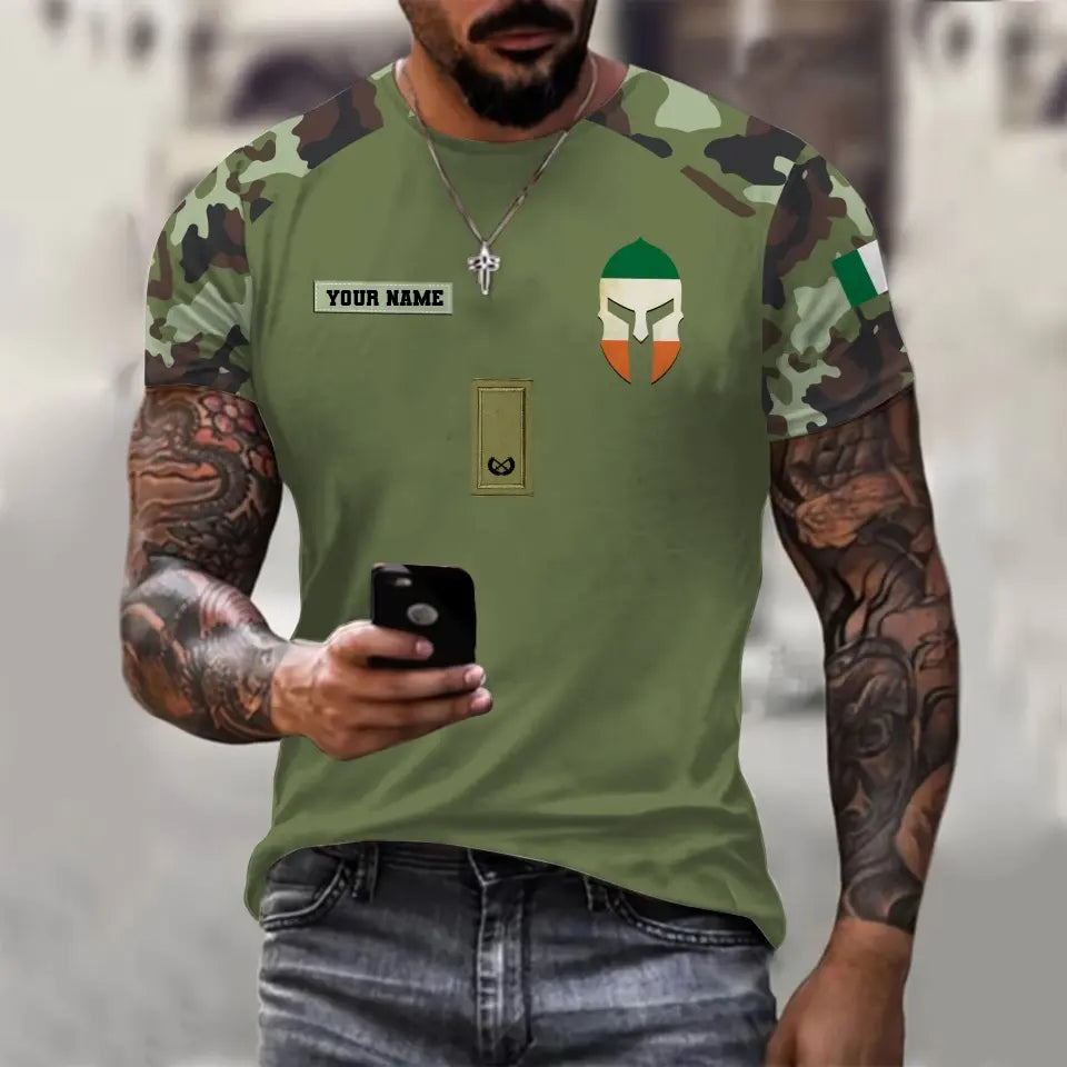 Personalisiertes irisches Soldaten-/Veteranen-T-Shirt mit Camouflage-Muster und Namen und Rang, 3D-Druck – 1010230001