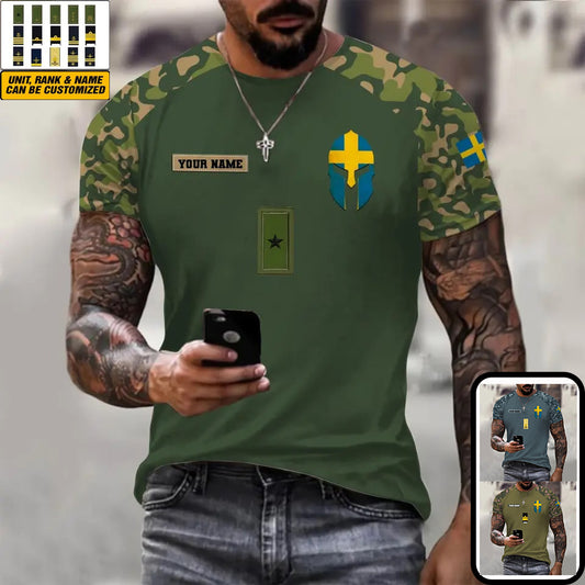 T-shirt personnalisé avec camouflage soldat/vétéran suédois avec nom et grade imprimé en 3D - 1010230001