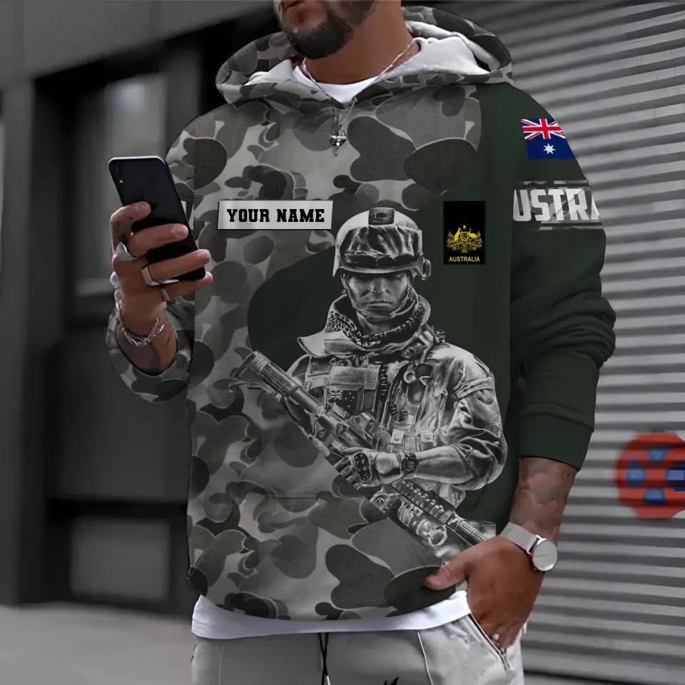 Personalisierter Kapuzenpullover mit Camouflage-Muster für australische Soldaten/Veteranen mit Namen und Rang, 3D-Druck – 1696982402