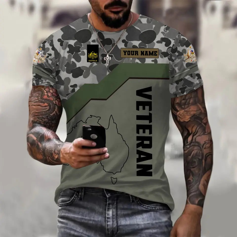 Personalisiertes T-Shirt mit australischem Soldaten-/Veteranen-Tarnmuster mit Namen und Rang, 3D-Druck – 1110230001