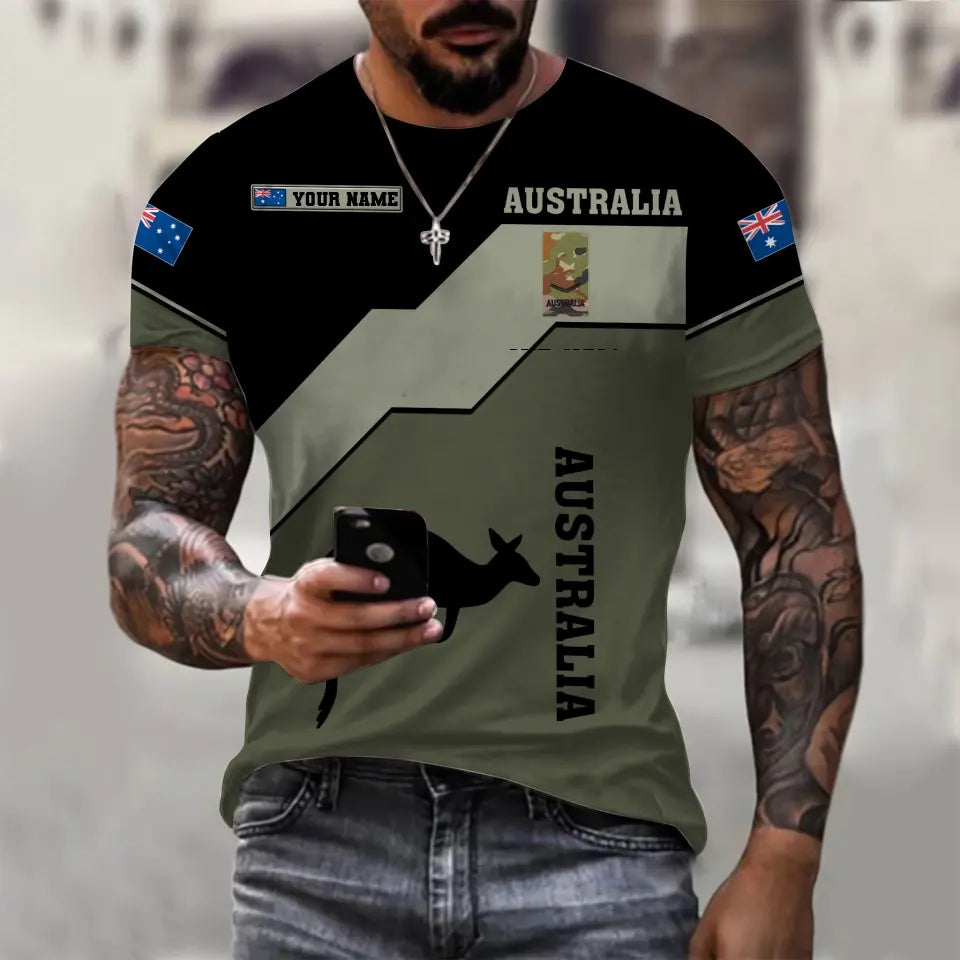 Personalisiertes T-Shirt mit australischem Soldaten-/Veteranen-Tarnmuster mit Namen und Rang, 3D-Druck – 1110230002