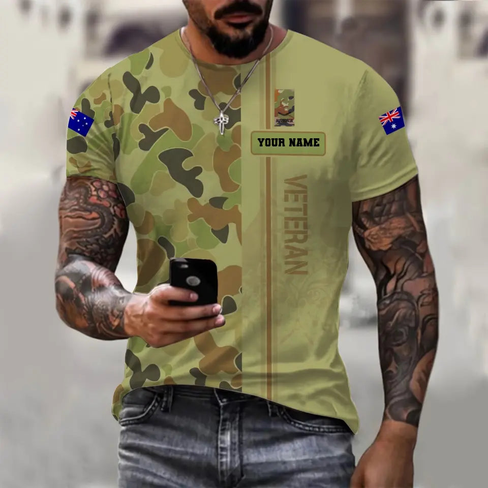 Personalisiertes T-Shirt mit australischem Soldaten-/Veteranen-Tarnmuster mit Namen und Rang, 3D-Druck – 1110230006