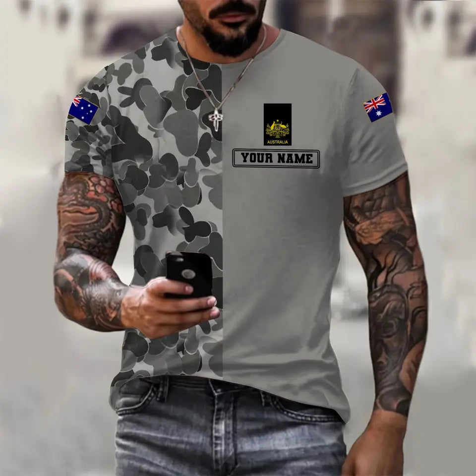 T-shirt personnalisé avec camouflage soldat/vétéran australien avec nom et grade imprimé en 3D - 1110230009