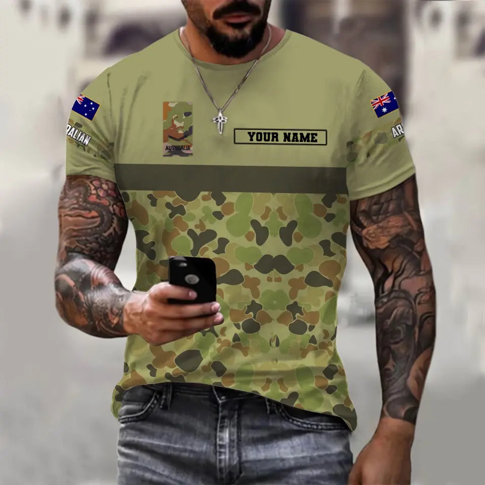 T-shirt personnalisé avec camouflage soldat/vétéran australien avec nom et grade imprimé en 3D - 1110230010