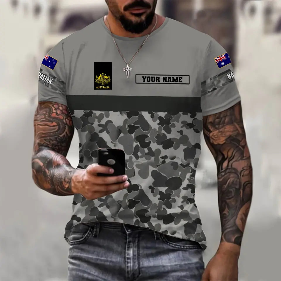 Personalisiertes T-Shirt mit australischem Soldaten-/Veteranen-Tarnmuster mit Namen und Rang, 3D-Druck – 1110230010