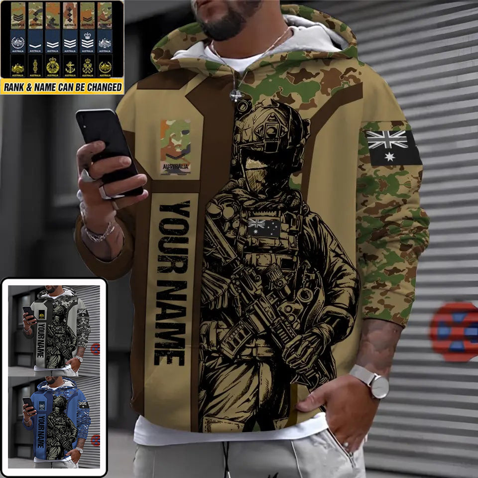 Sweat à capuche personnalisé avec camouflage soldat/vétéran australien avec nom et grade imprimé en 3D - 16963776