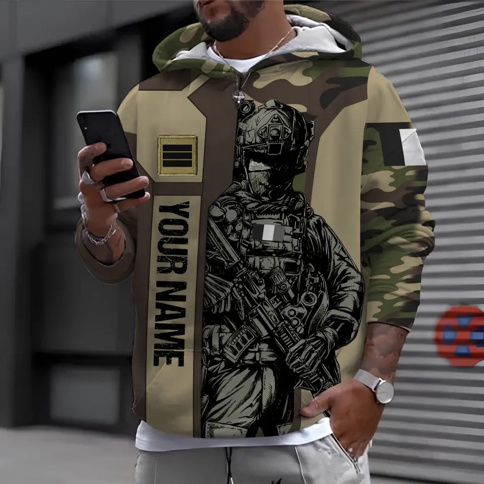 Sweat à capuche personnalisé avec camouflage soldat/vétéran de la France avec nom et grade imprimé en 3D - 16963776