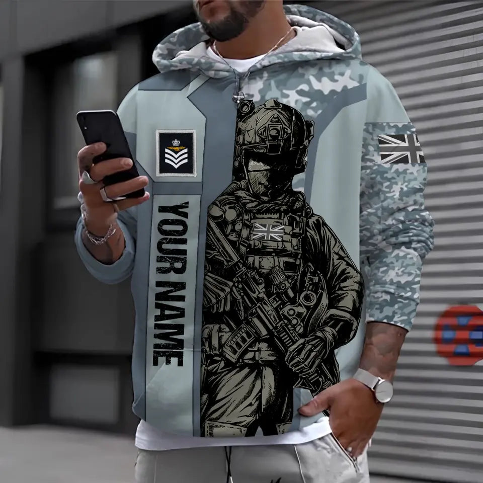 Sweat à capuche personnalisé avec camouflage soldat/vétéran britannique avec nom et grade imprimé en 3D - 0410230014