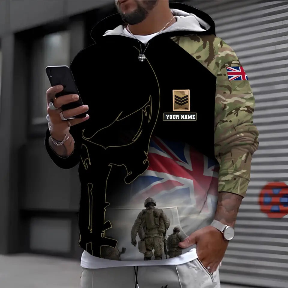 Sweat à capuche personnalisé avec camouflage soldat/vétéran britannique avec nom et grade imprimé en 3D - 1910230001