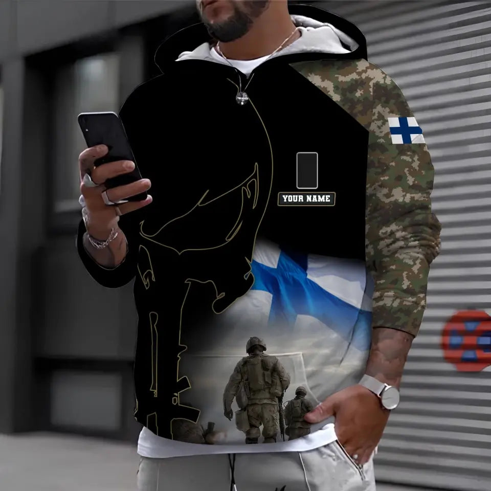 Sweat à capuche personnalisé avec camouflage soldat/vétéran finlandais avec nom et grade imprimé en 3D - 16976736