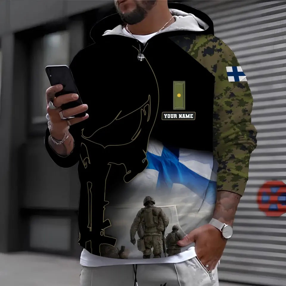 Sweat à capuche personnalisé avec camouflage soldat/vétéran finlandais avec nom et grade imprimé en 3D - 16976736