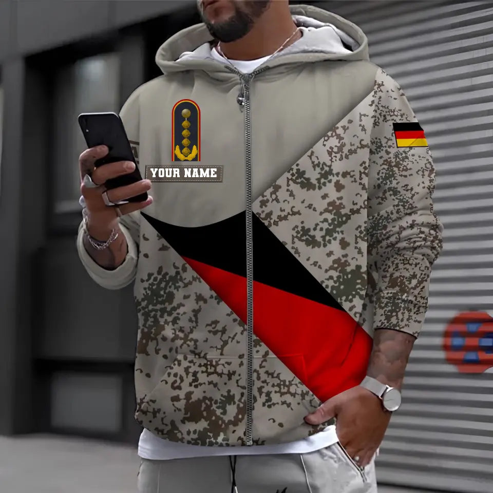 Sweat à capuche personnalisé avec camouflage soldat/vétéran allemand avec nom et grade imprimé en 3D - 0611230003