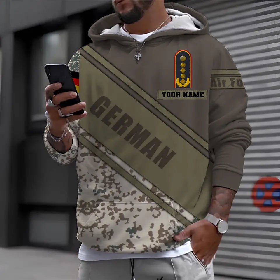 Sweat à capuche personnalisé avec camouflage soldat/vétéran allemand avec nom et grade imprimé en 3D - 0611230005