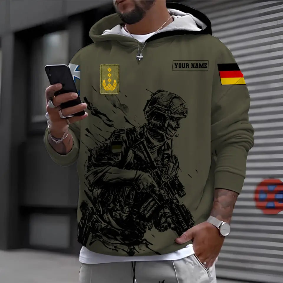 Personalisierter Kapuzenpullover mit Camouflage-Muster für deutsche Soldaten/Veteranen mit Namen und Rang, 3D-Druck – 0611230010