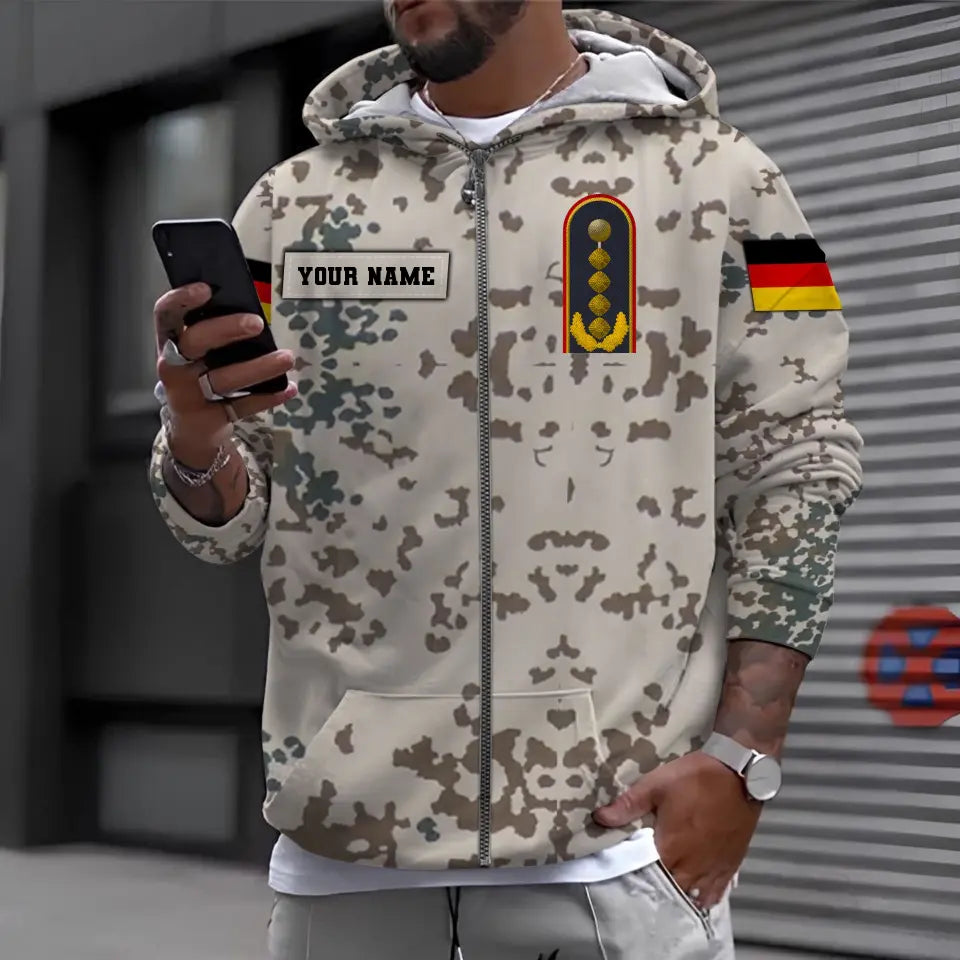 Sweat à capuche personnalisé avec camouflage soldat/vétéran allemand avec nom et grade imprimé en 3D - 0711230007