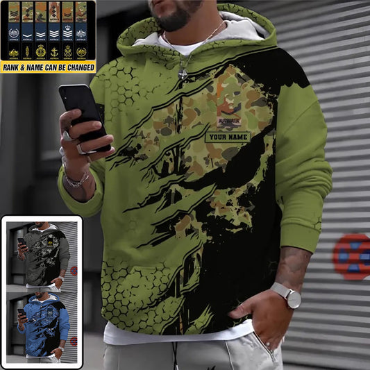 Sweat à capuche personnalisé avec camouflage soldat/vétéran australien avec nom et grade imprimé en 3D - 1699401611