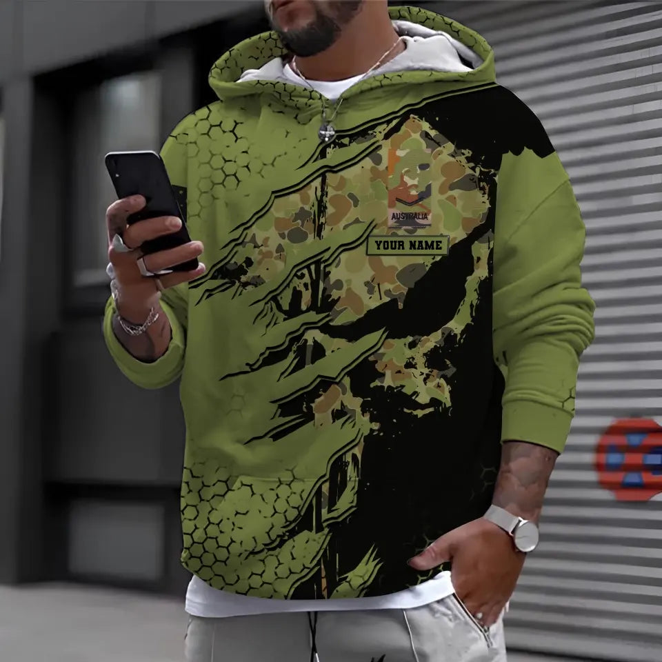 Personalisierter australischer Soldat/Veteranen-Hoodie im Camouflage-Stil mit Namen und Rang, 3D-Druck – 1699401611