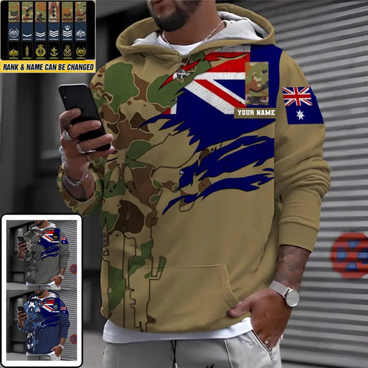 Personalisierter australischer Soldat/Veteranen-Hoodie im Camouflage-Stil mit Namen und Rang, 3D-Druck – 1699401612