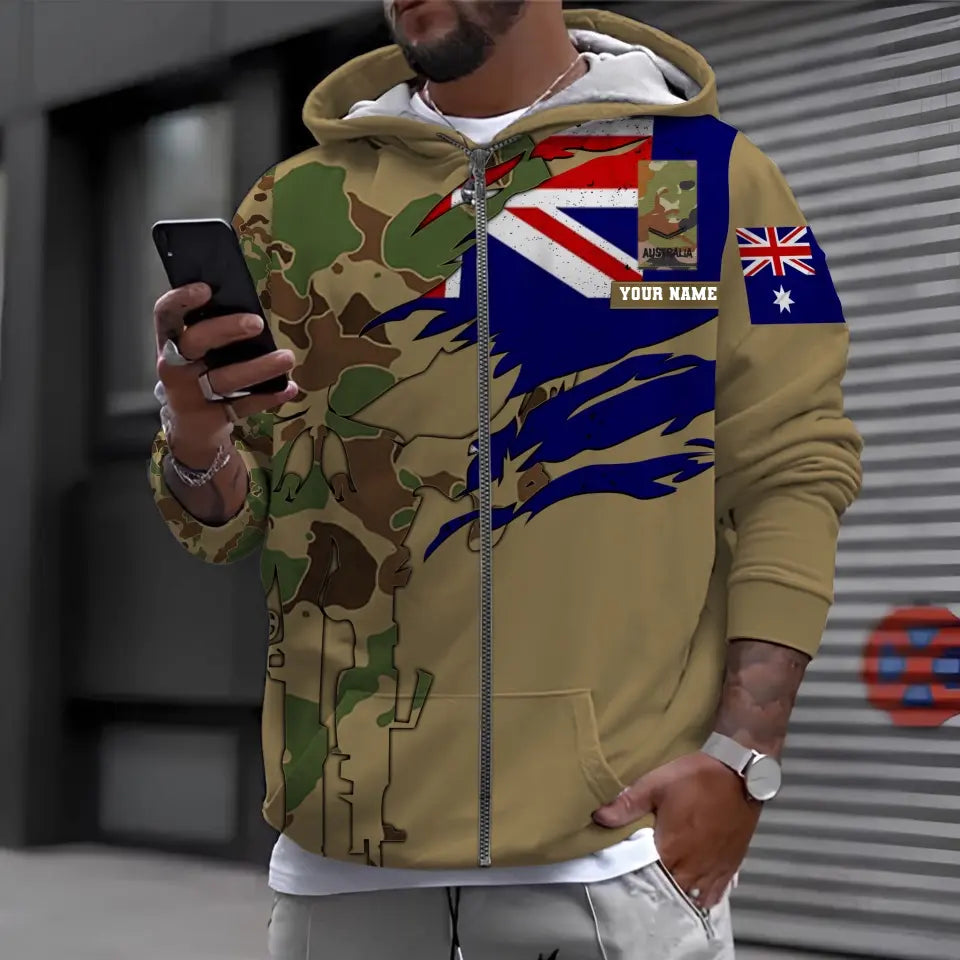 Sweat à capuche personnalisé avec camouflage soldat/vétéran australien avec nom et grade imprimé en 3D - 1699401612