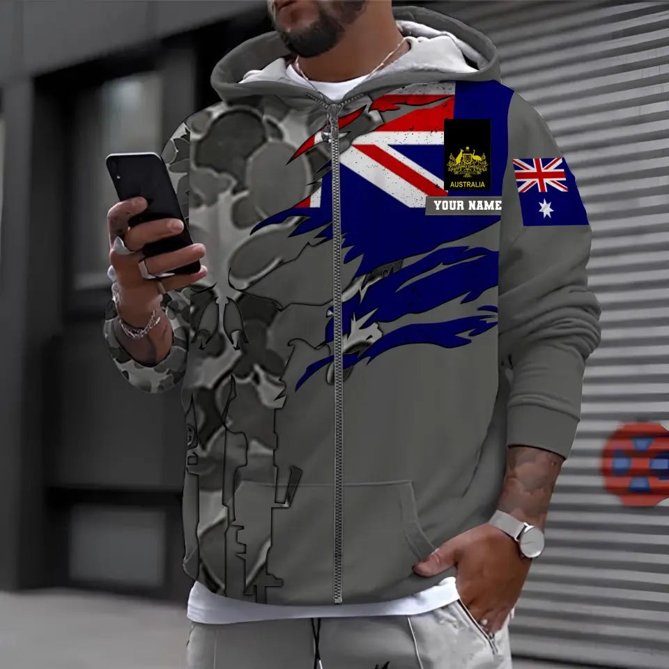 Sweat à capuche personnalisé avec camouflage soldat/vétéran australien avec nom et grade imprimé en 3D - 1699401612