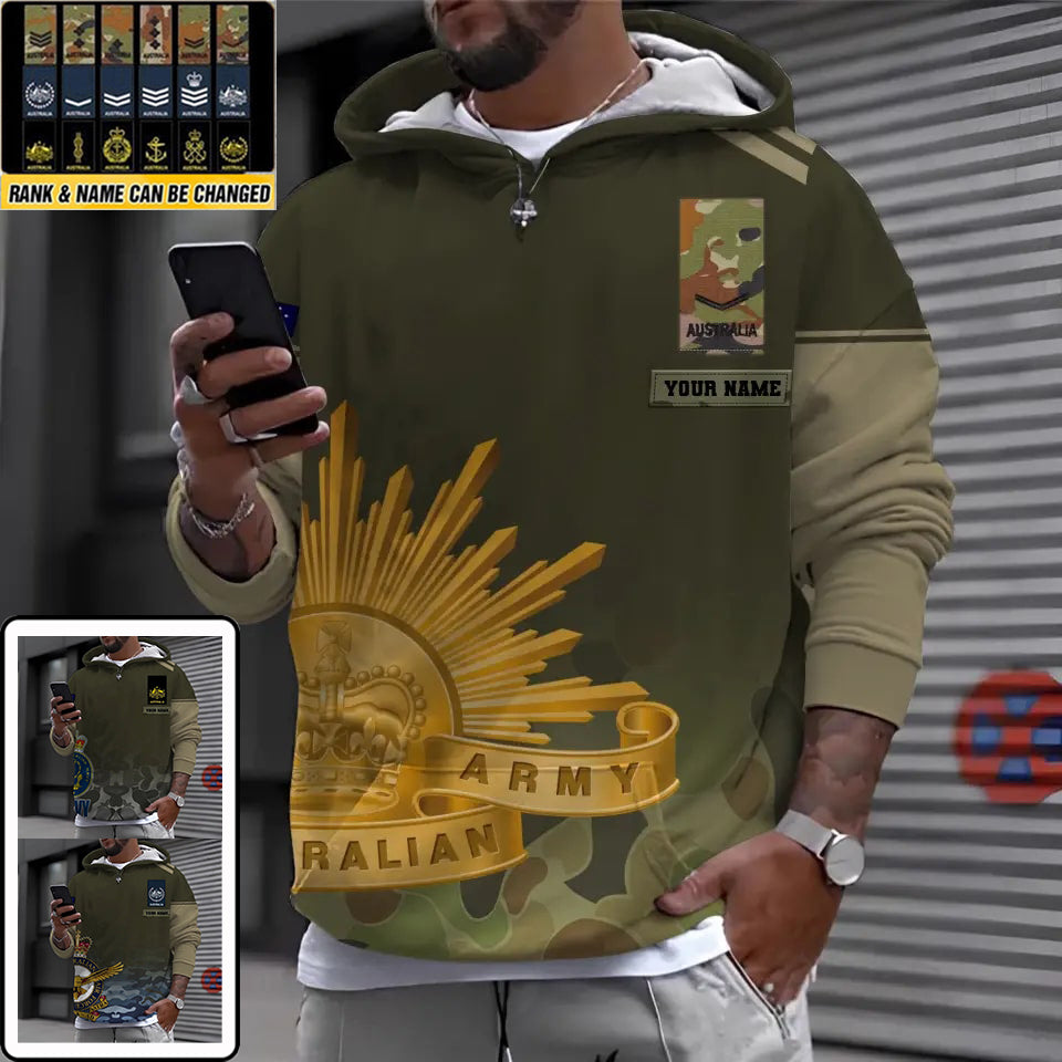 Sweat à capuche personnalisé avec camouflage soldat/vétéran australien avec nom et grade imprimé en 3D - 1699401614