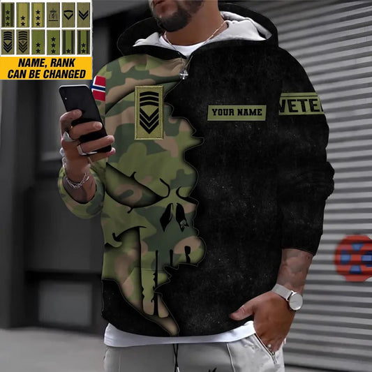 Personalisierter Kapuzenpullover mit Camouflage-Muster für norwegische Soldaten/Veteranen mit Namen und Rang – 1011230002