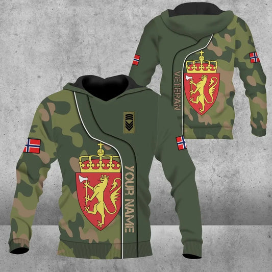 Personalisierter Kapuzenpullover mit Camouflage-Muster für norwegische Soldaten/Veteranen mit Namen und Rang – 0809230001