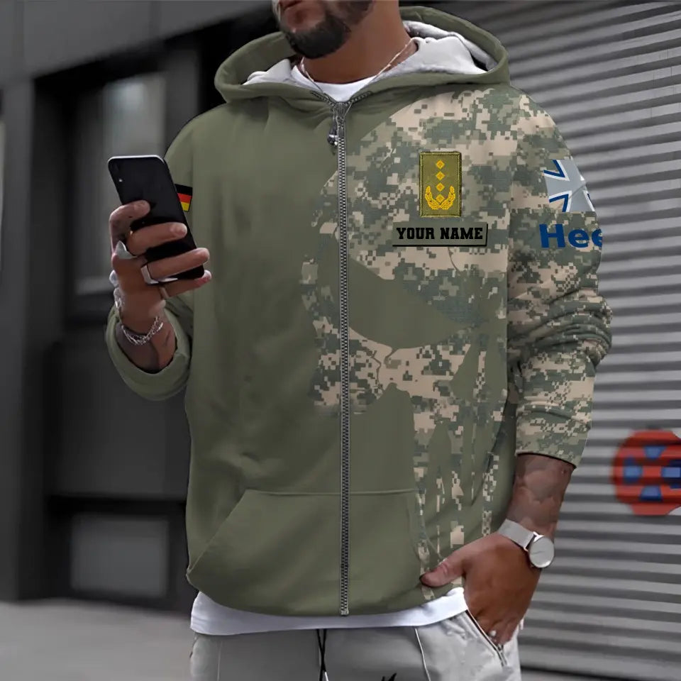 Sweat à capuche personnalisé avec camouflage soldat/vétéran allemand avec nom et grade imprimé en 3D - 0611230008