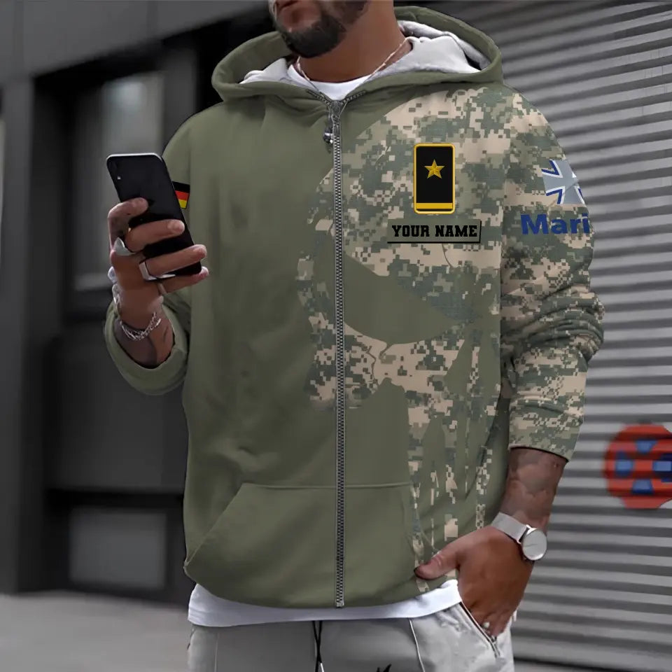 Personalisierter Kapuzenpullover mit Camouflage-Muster für deutsche Soldaten/Veteranen mit Namen und Rang, 3D-Druck – 0611230008