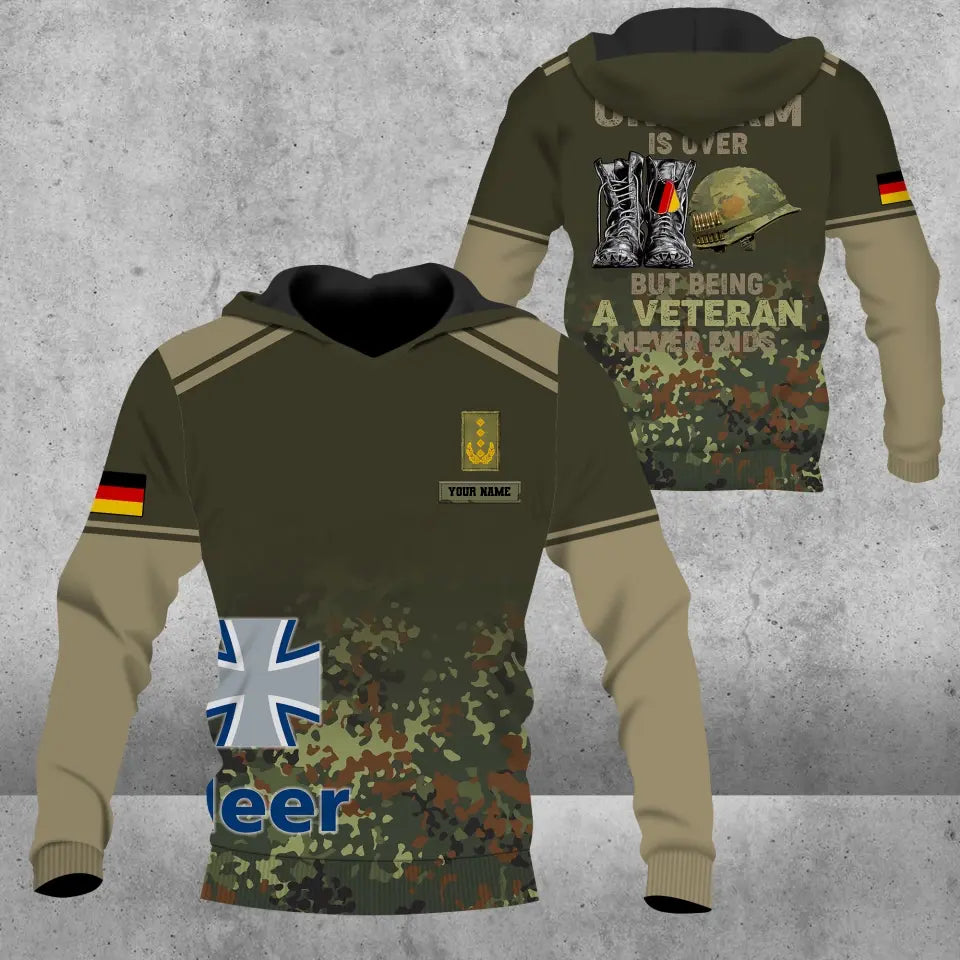 Sweat à capuche personnalisé avec camouflage soldat/vétéran allemand avec nom et grade imprimé en 3D - 1508230001