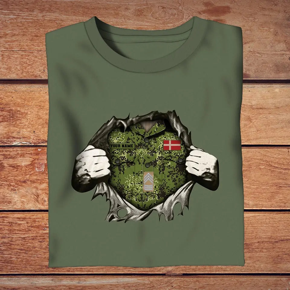 T-shirt personnalisé avec camouflage soldat/vétéran du Danemark avec nom et grade imprimé en 3D - 2809230001